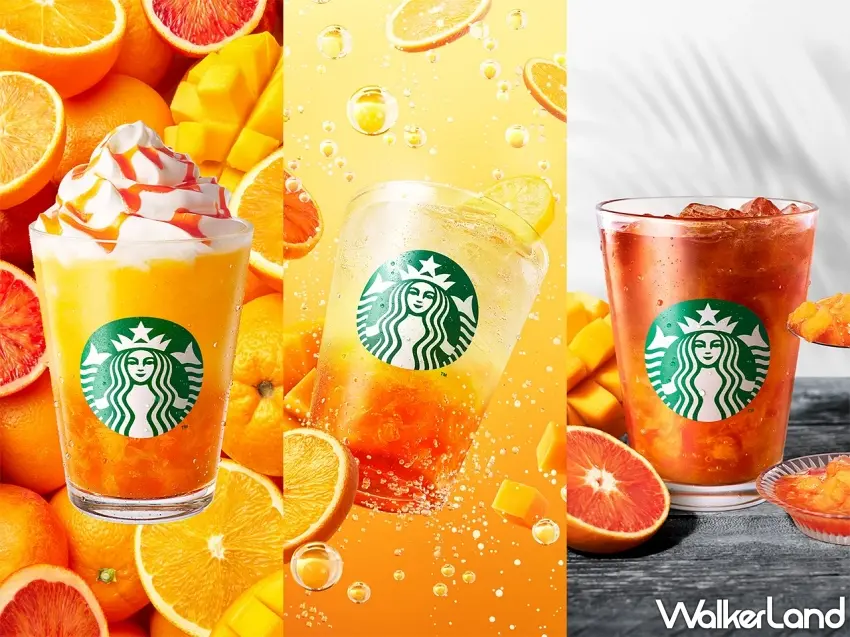 ▲日本星巴克一次推出星冰樂、草本氣泡飲與工藝茶飲,要用滿滿的芒果與柑橘風味攻佔旅客的味蕾。圖/日本星巴克提供;窩客島編輯李維唐整理