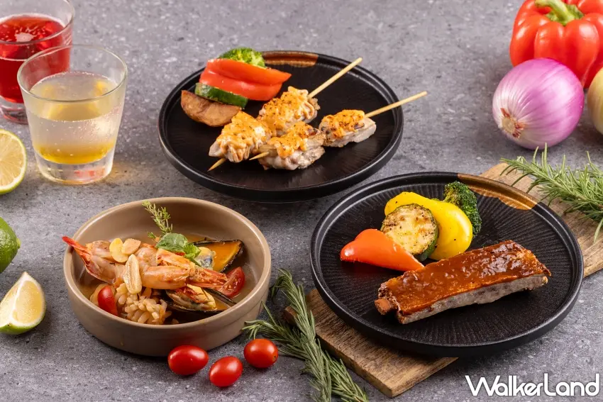 ▲台北花園大酒店肉饗美食節活動期間假日午、晚餐每位成人再加贈主廚精選主菜三選一,包括明太子雞肉串、西班牙蒜味炒海鮮及美式BBQ豬肋排等人氣料理。圖/台北花園大酒店提供;窩客島編輯李維唐整理