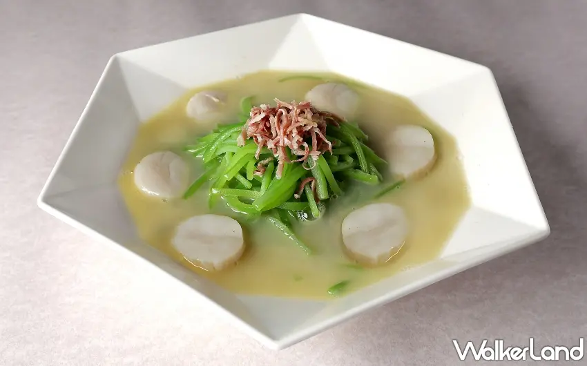 ▲鮮干貝燴絲瓜嚴選生食級大干貝與溫泉絲瓜慢火煨煮。 圖/點水樓提供;窩客島編輯李維唐整理