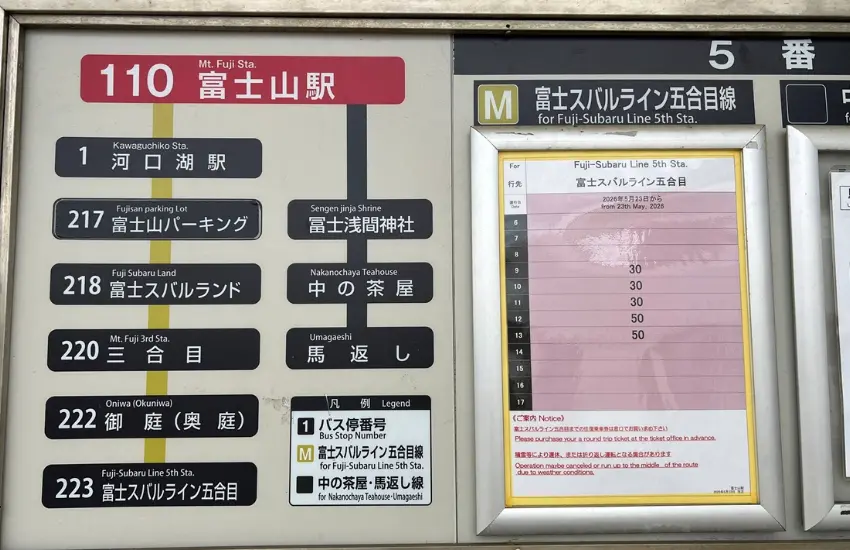 ▲巴士每日上午09:30起每小時一班,從富士山車站出發,沿途經過河口湖車站、富士山世界遺產中心、三合目、四合目大澤展望台、御庭等,單程約1小時即可抵達。