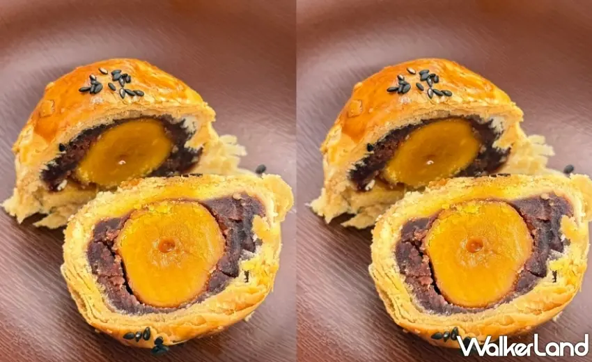 ▲陳耀訓紅土蛋黃酥切面呈現出飽滿油潤的鹹蛋黃與細緻減糖豆沙交織的斷面。圖／陳耀訓・麵包埠提供；窩客島編輯李維唐整理