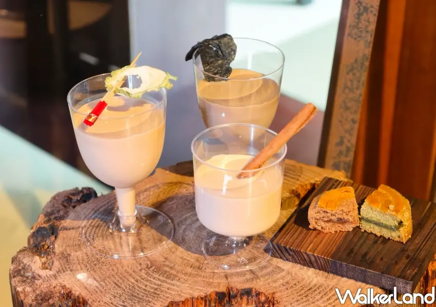 ▲手搖飲品牌小仙島打造精緻草本茶韻，以香水前中後味調製夏日限定渡奶茶與限定法式甜點組合。(攝影：鄭雅之)