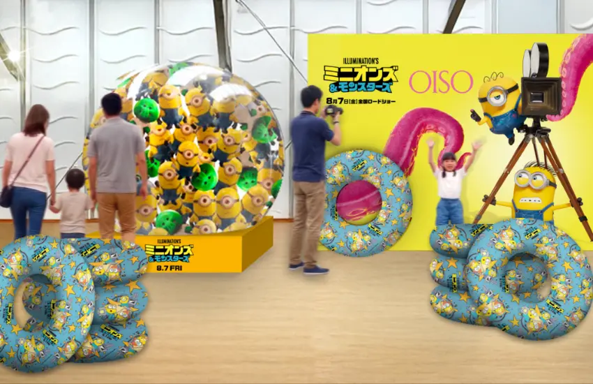 ▲神奈川的人氣水上樂園「大磯 Long Beach」,泳池區特別打造了充滿夏日歡樂氣氛的小小兵與怪獸主題拍照打卡點。