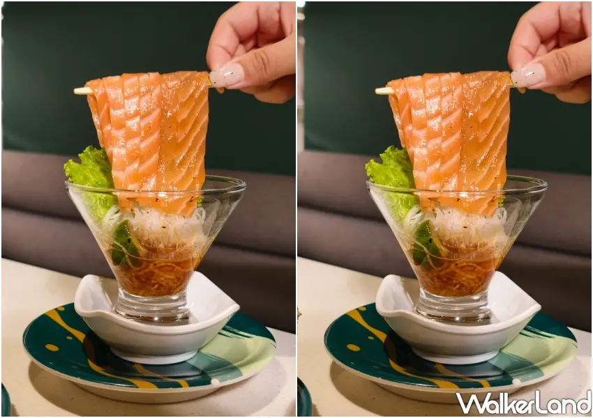 ▲「玩鮭之麵」宛如精緻冷麵,滑順Q彈的鮭魚麵條為迴轉壽司注入全新吃法。(攝影:鄭雅之)