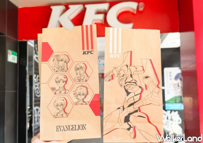 ▲肯德基門市推出限定福音戰士主題外帶紙袋,滿滿動漫角色與機體元素極具收藏價值。(攝影:鄭雅之)