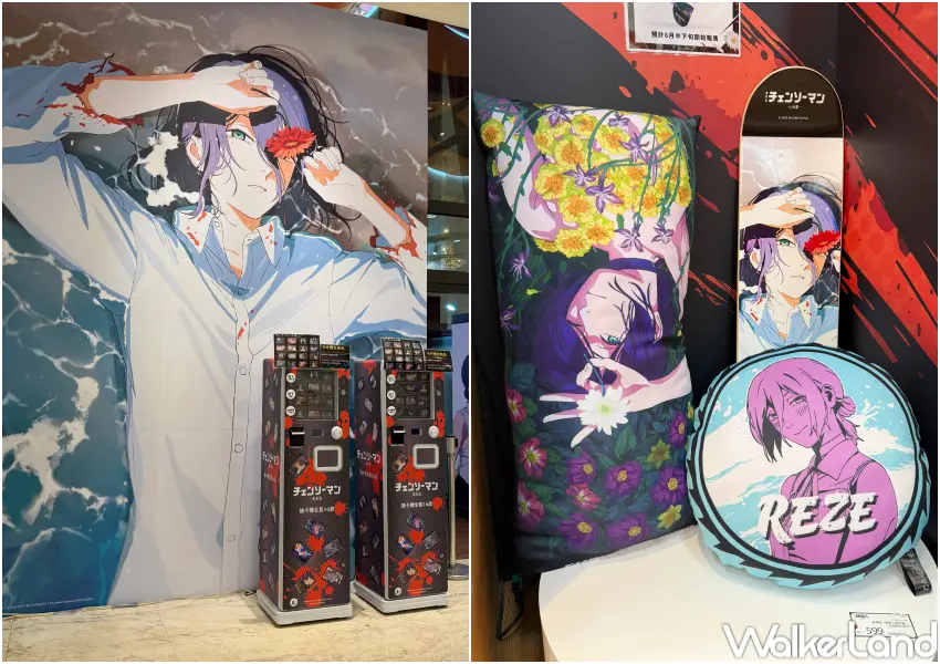 ▲蕾潔粉衝中山站鏈鋸人快閃店!蕾潔長型抱枕、蕾潔雙面滑板與涼感抱枕周邊,超大蕾潔打卡強必拍。(攝影:鄭亦庭)