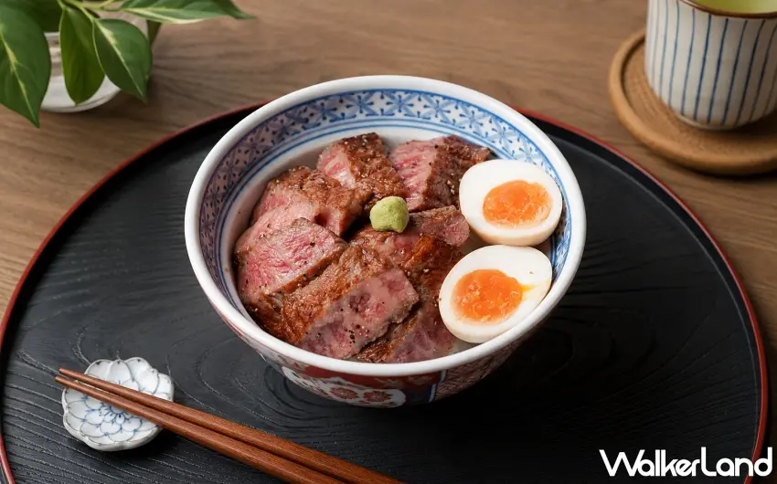▲招牌和牛牛排丼鋪滿厚切熟成牛肉,高雅油脂甘甜搭配溏心蛋與山葵展現豐富風味層次。 圖/和牛十図×Okawari提供;窩客島編輯李維唐整理
