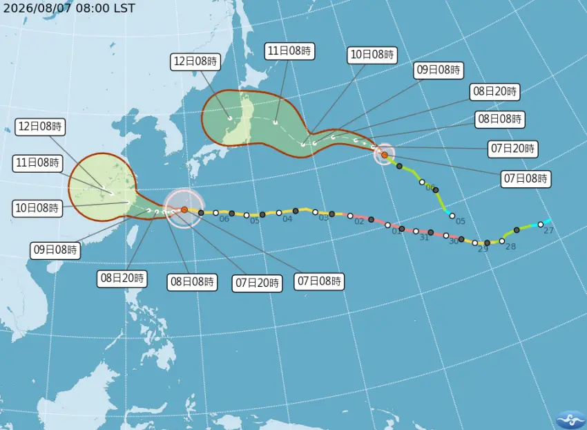 ▲氣象署7日凌晨2時觀測,第13號颱風白海豚目前位於台北東北東方約910公里海面上,正持續往台灣北部海面靠近。