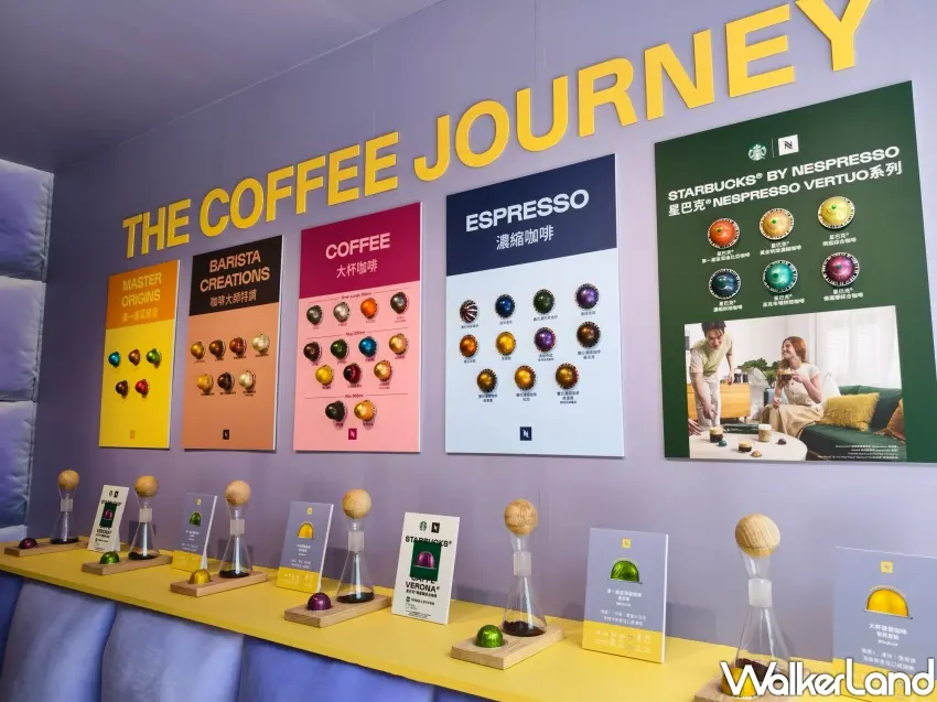 ▲早咖起居室打造咖啡風味展示區，現場展示超過 40 款 VERTUO 系列咖啡膠囊供民眾體驗聞香。(攝影：鄭雅之)