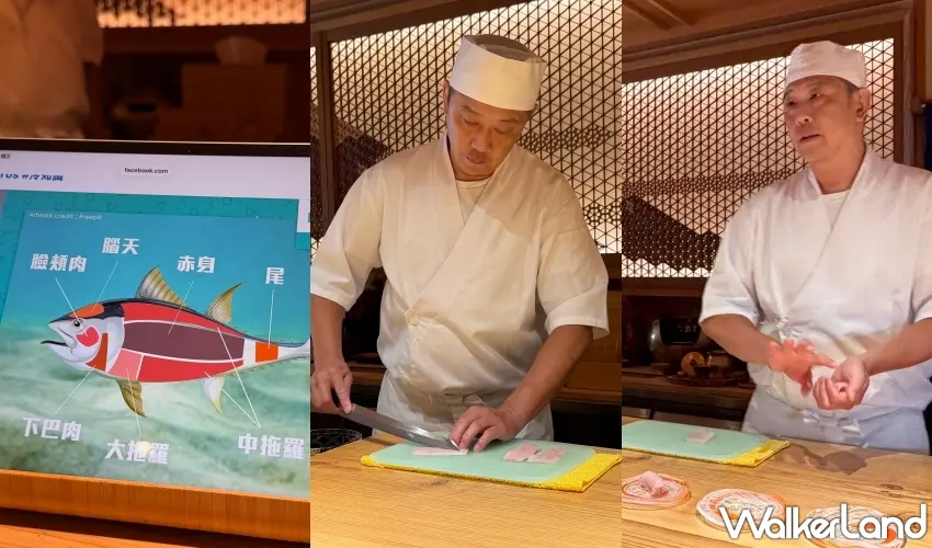 ▲擁有超過20年資歷的阿文師傅於板前展現精湛刀工與捏製手藝,並運用平板電腦向賓客細心解說食材部位與背後故事。 圖/騰鮨提供;窩客島編輯李維唐整理