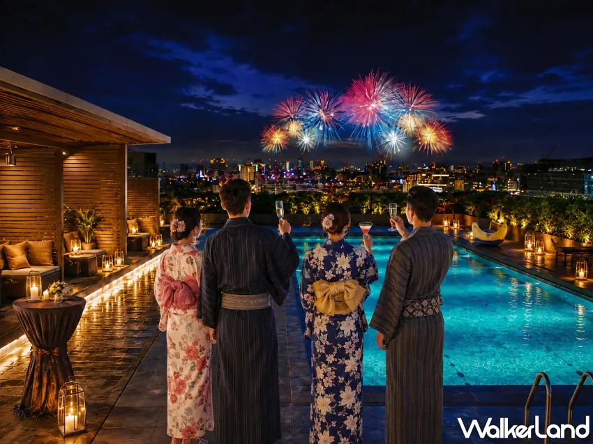 ▲入住台北晶華酒店「屋台煙火假期」住房專案,房客能換上日式浴衣,在頂樓露天泳池畔一邊享用微醺飲品,一邊欣賞絢麗的大稻埕夏日節煙火秀。圖/台北晶華酒店提供;窩客島整理