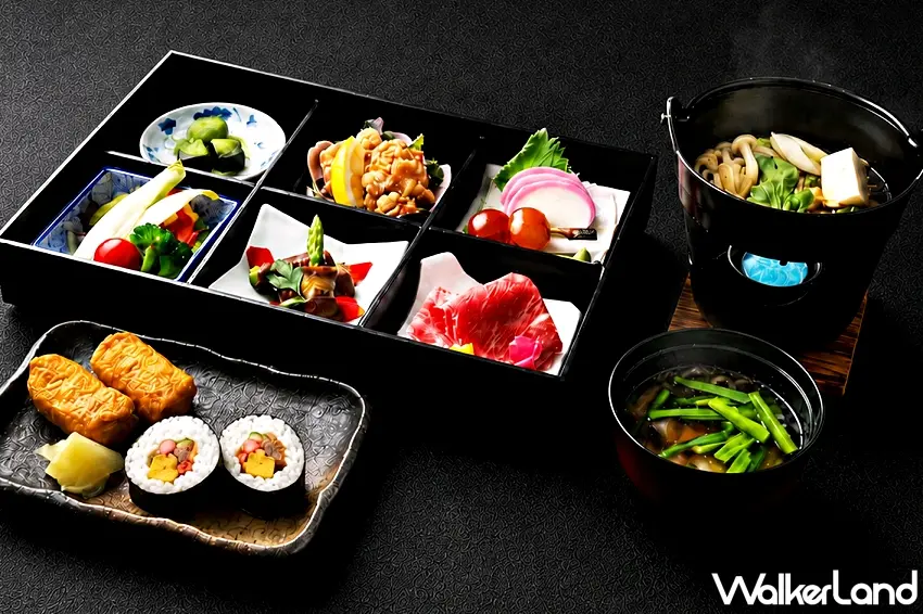 ▲包含豐盛六格和食御膳、新鮮牛肉小火鍋、壽司及湯品的尊榮套餐。圖／クロノスガイヤ株式会社提供；窩客島編輯李維唐整理
