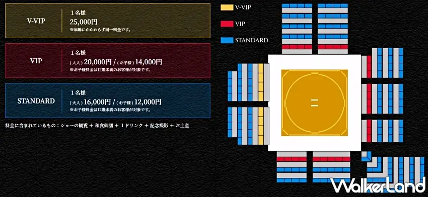 ▲餐廳內部的座位分區與票價說明圖，清楚標示了 V-VIP、VIP 與 Standard 等區域及包含的套餐內容。圖／クロノスガイヤ株式会社提供；窩客島編輯李維唐整理