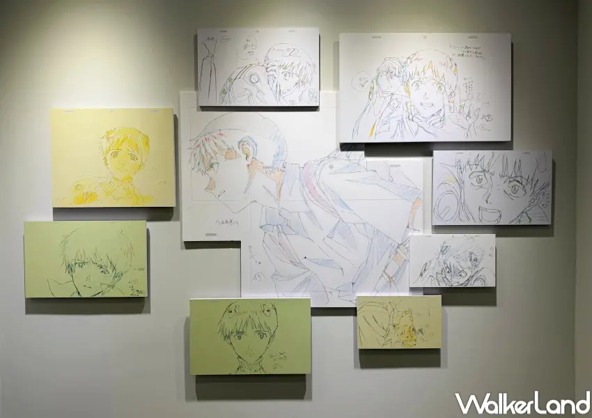 ▲信義區新世紀福音戰士展以「線」為主題,大型原畫展區以真嗣、零、明日香、真理、薰劃分。(攝影:鄭亦庭)