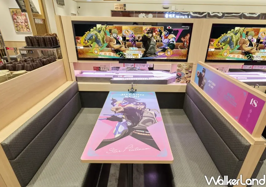 ▲壽司郎台北微風南山店打造JOJO的奇妙冒險主題限定店門面,巨幅動漫視覺牆吸引粉絲打卡朝聖。