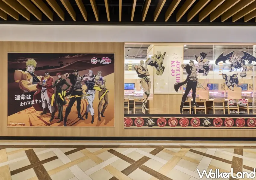 ▲壽司郎內用座位區結合JOJO的奇妙冒險角色桌貼與點餐平板主題畫面,讓粉絲感受熱血氛圍。