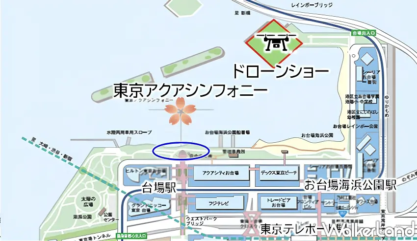 ▲活動會場平面地圖標示台場海濱公園展演位置與預計擁擠的觀賞平台區域。 圖/株式会社レッドクリフ提供;窩客島編輯李維唐整理
