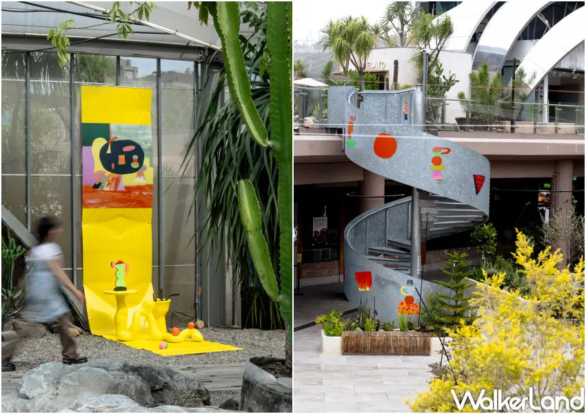 ▲PARK2主入口裝置藝術,轉化為一座充滿色彩的夏日餐桌,旋轉梯則成為畫布。(圖片:PARK2提供,攝影 陳婉寧)