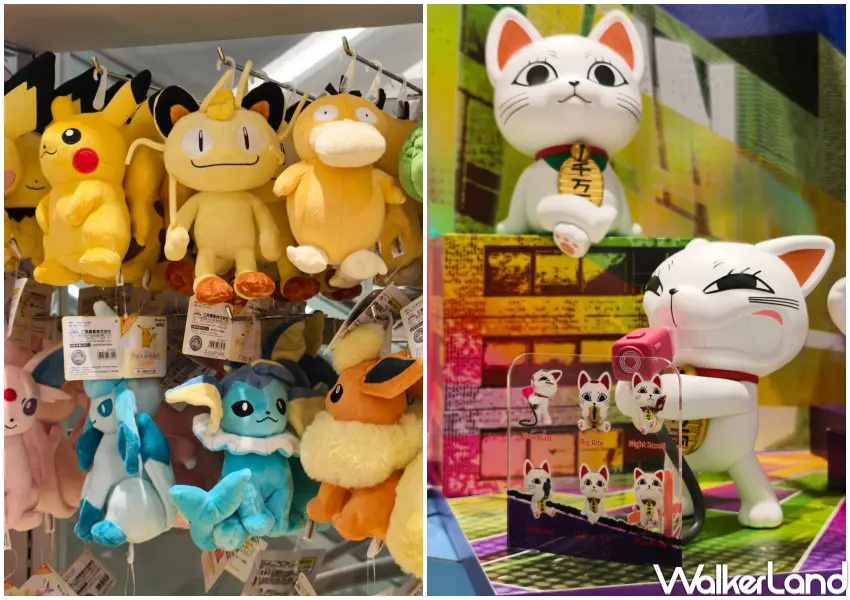 ▲SOGO大巨蛋IP小物潮玩天堂！5樓POPTOYS有寶可夢玩偶，以及高速婆婆、線條小狗等動漫IP公仔盲盒。(攝影：鄭亦庭)