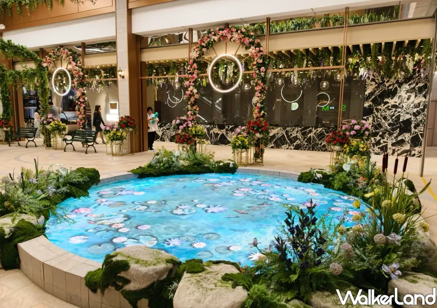 ▲七樓莫內花園重頭戲數位池塘，隨光流轉的水波光影與花藝造景交織出仙氣氛圍。(攝影：鄭雅之)