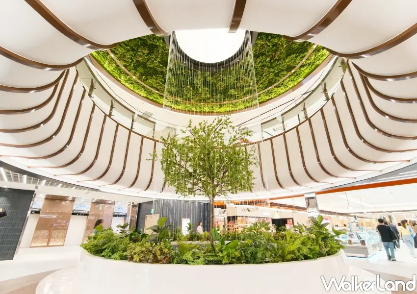 ▲地下一樓美妝專區打造全台首創八米香水噴泉，結合實景流水與綠意造景，頂端陳列人氣香水供民眾免費試香。(攝影：鄭雅之)