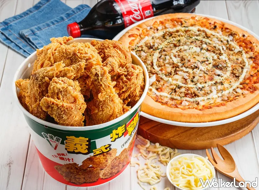 ▲拿坡里大披薩搭配6塊金黃酥脆炸雞,超值聚餐組合特惠價只要199元。圖/拿坡里提供;窩客島編輯李維唐整理