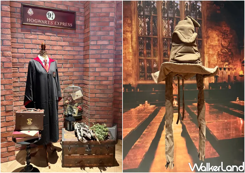 ▲台中LaLaport哈利波特專賣店內設置「會動的分類帽」互動打卡場景,以及9又1/4月台紅磚牆、倒轉時鐘打卡點。(攝影:鄭亦庭)