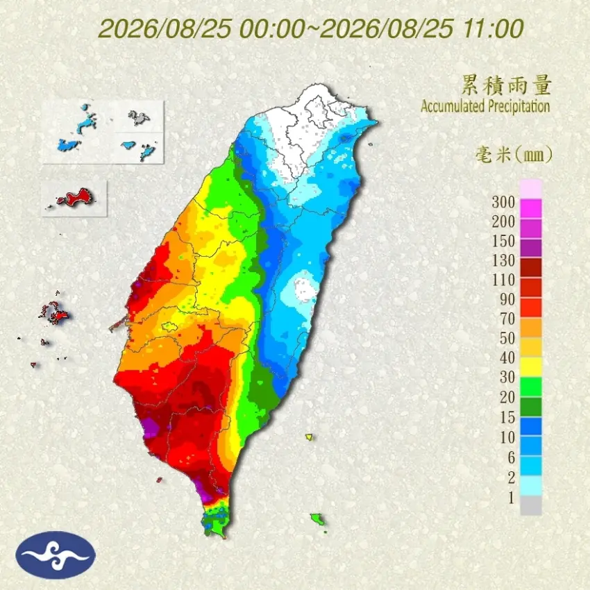 ▲受低壓帶與颱風外圍環流接力影響,氣象署持續對全台15縣市發布豪大雨特報。