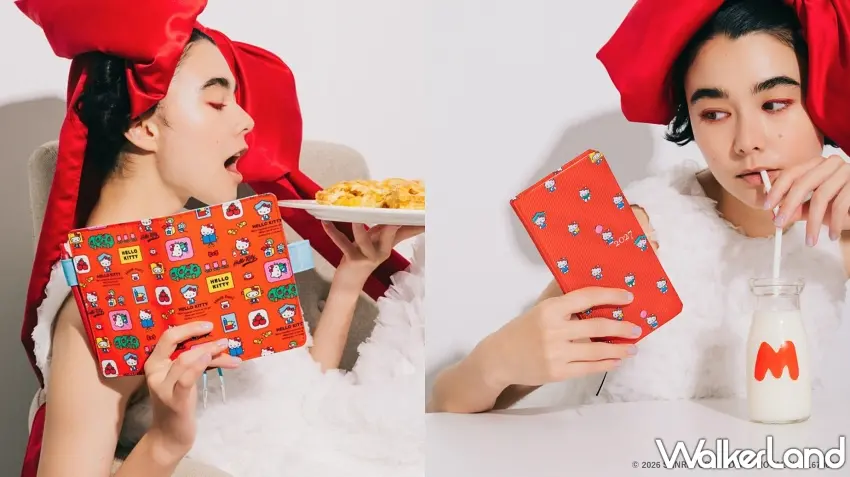 ▲採用高級領帶布料織造的「HELLO KITTY/手帳とおともだち」weeks週間手帳與隨身文具配件。圖/株式会社ほぼ日提供;窩客島編輯李維唐整理