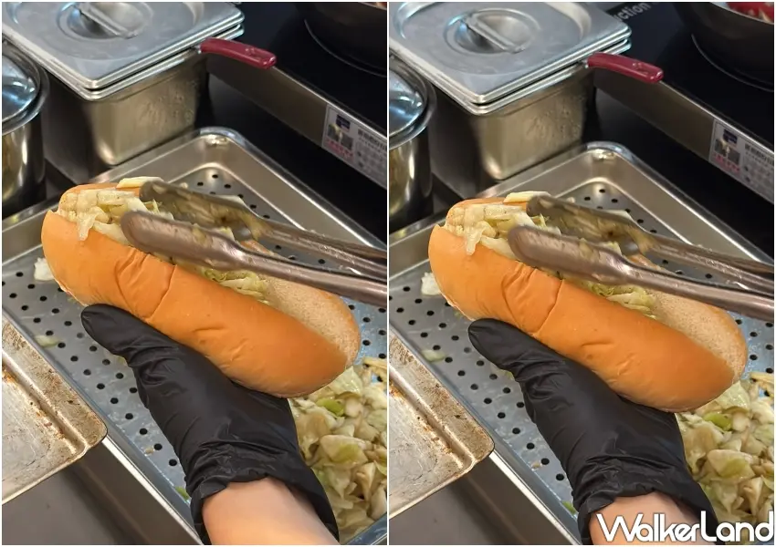 ▲今屋漢堡擺脫美式漢堡搭配生菜慣例,特別鋪滿經典鐵板蒜炒高麗菜帶來獨家口感。(攝影:鄭雅之)