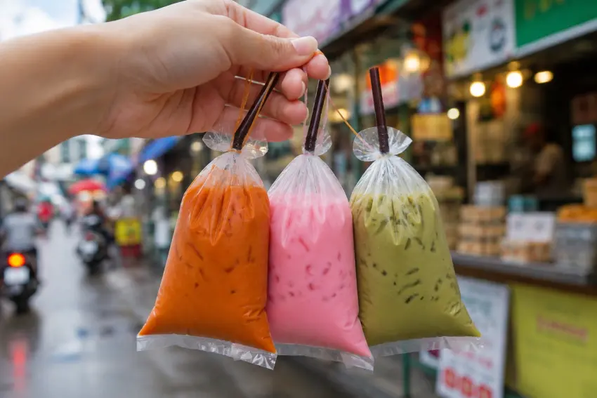 ▲近期泰國街頭掀起一股銅板價5泰銖的迷你袋裝飲料復古風潮,小巧精緻的袋裝造型吸睛度十足。(圖:AI生成)