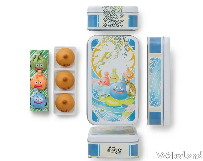 ▲獨家繪製的7周年紀念鐵盒包含多角側邊設計,內裝有三款風味的史萊姆外郎餅與經典史萊姆饅頭。 圖/青柳總本家提供;窩客島編輯李維唐整理