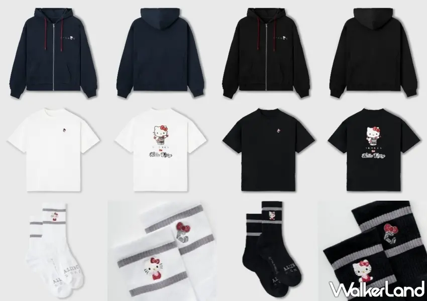 ▲CRONOS 與 Hello Kitty 聯名系列推出極簡風格拉鍊連帽衫，印花短袖 T 恤及造型長襪等多款潮牌運動單品。圖／CRONOS提供；窩客島編輯李維唐整理