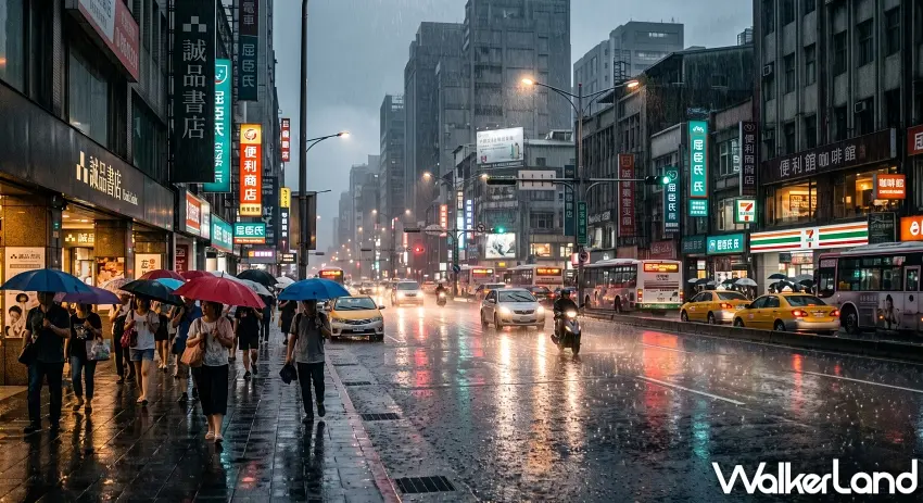 ▲台北街頭在大雨滂沱中顯得濕漉,誠品書店與屈臣氏等招牌燈光在雨夜中閃爍,行人撐傘行走在濕滑的行人道上,計程車與公車有序地穿梭在雨中的馬路上。 圖/AI生成提供;窩客島整理
