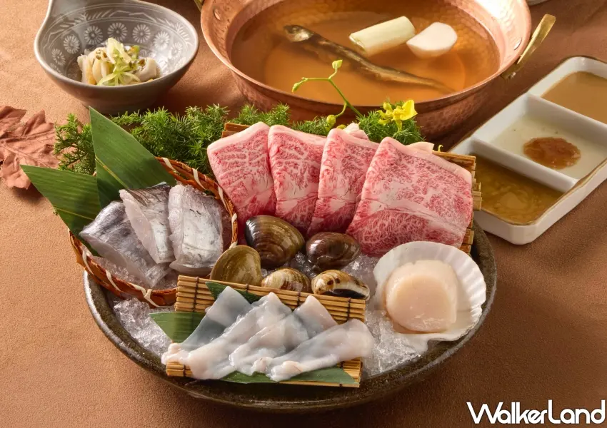 ▲精選海陸食材盤包含極品日本A5和牛、新鮮白帶魚、水章魚與生食級干貝，完美呈現秋日奢華旬味。