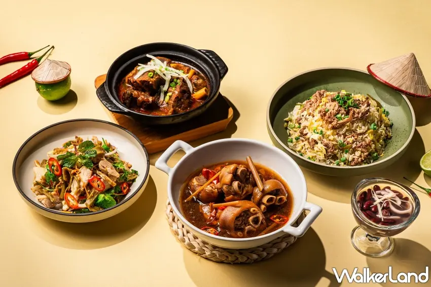 ▲越南主題限定菜色以清新香草與酸甜魚露調味，呈獻清爽開胃的「越南宮廷涼拌雞肉沙拉」與鹹香濃郁的「香茅蝦醬燉豬腳」。圖／板橋凱撒大飯店提供；窩客島編輯李維唐整理