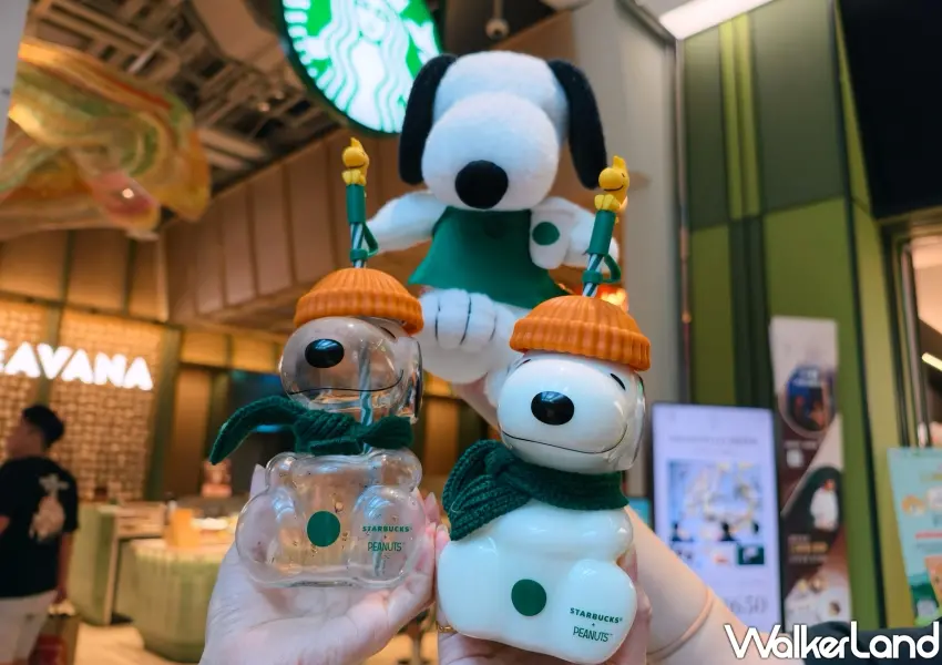 ▲史努比穿上星巴克招牌綠圍裙限定登場,搶眼萌感玩偶與造型冷水杯成為粉絲搶購焦點。 (攝影:鄭雅之)