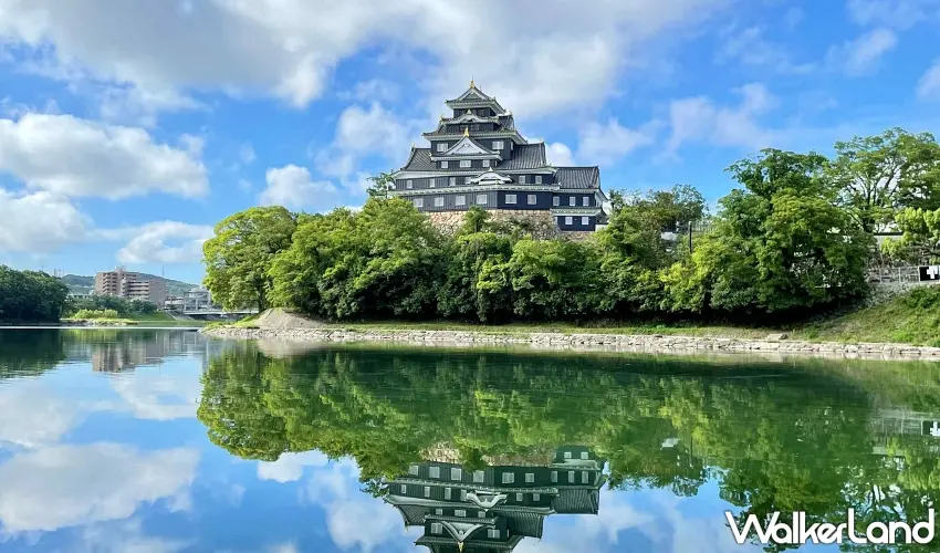 ▲絕美的漆黑天守閣倒映在平靜水面上,搭配藍天白雲簡直像一幅畫,來到岡山市沒跟這座金烏城拍照打卡根本算沒來過。圖/岡山市台灣推廣事務所提供;窩客島整理