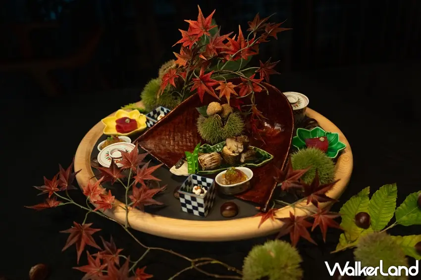 ▲擺滿紅楓與秋栗的盛盤簡直美得像幅畫!將香魚、栗子與茭白筍等當令旬味濃縮於滿月美學之中,兼具視覺與味的雙重饗宴,直接把秋夜的優雅儀式感拉滿!圖/Ukai-tei Kaohsiung提供;窩客島整理