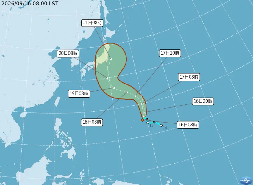 ▲準杜鵑颱風預估將大角度向東北轉向,並於21日上午掠過日本東南方海域。(圖:中央氣象署)