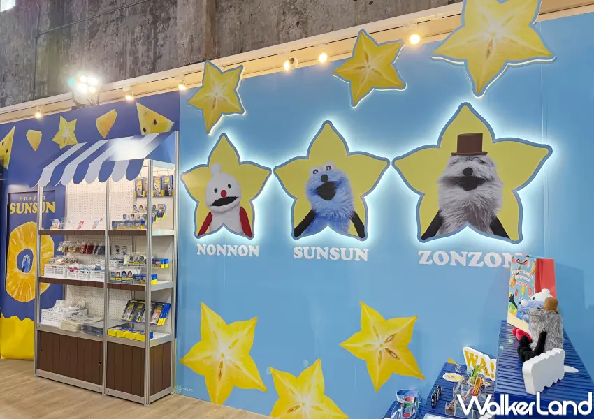 ▲帕比順順華山快閃店以水果派對為主題,可以看到SUNSUN、NONNON與ZONZON穿梭在繽紛水果中。(攝影:鄭亦庭)