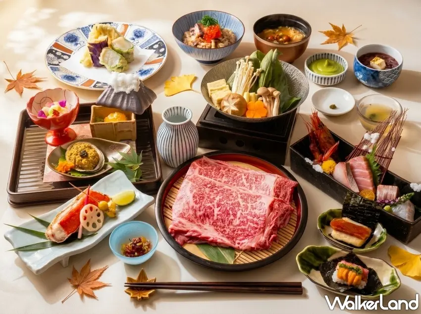 ▲看這擺滿一整桌的澎湃日料簡直太犯規,頂級日本和牛的油花宛如雪花般漂亮,放到溫潤豆乳高湯裡輕涮入口直接化開,搭配香氣四溢的醬燒鱈場蟹與鮮甜海膽,每一口都是滿滿的幸福感。 圖/台北老爺酒店提供;窩客島整理