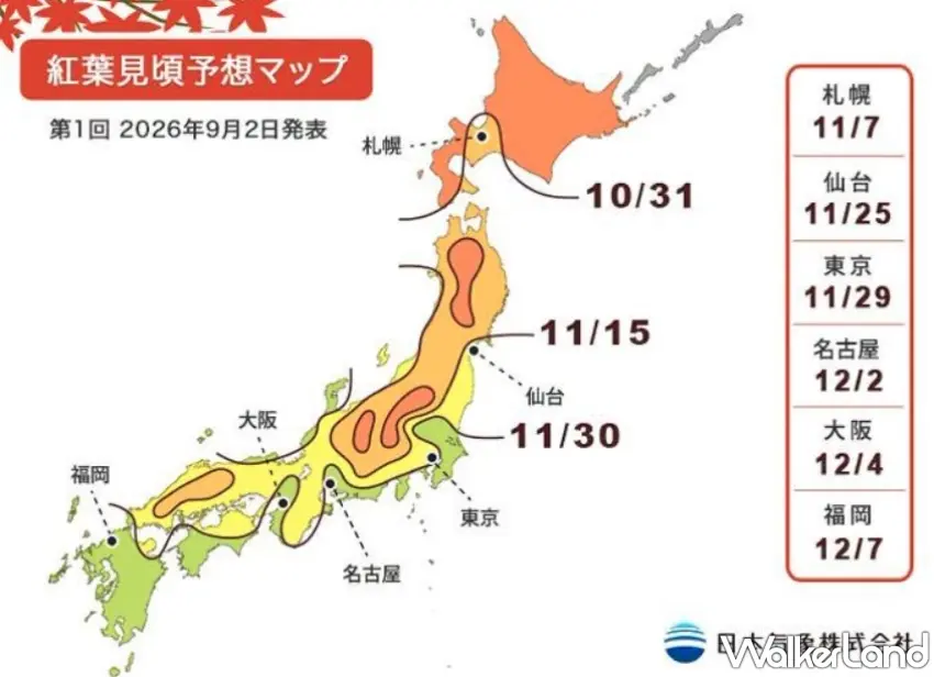 ▲追楓族趕快收藏!日本氣象株式會社最新紅葉前線地圖出爐,從北海道一路一路向南染紅,想規劃日本賞楓旅行一定要先把這張地圖存在手機裡。圖/可樂旅遊提供;窩客島整理