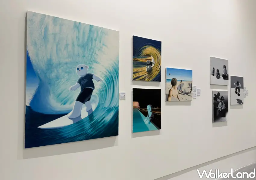 ▲日本藝術家YOKOTEEN以海洋、浪潮與白貓作為創作主題,傳遞著關於自由、成長以及面對生活起伏的態度。(攝影:鄭亦庭)