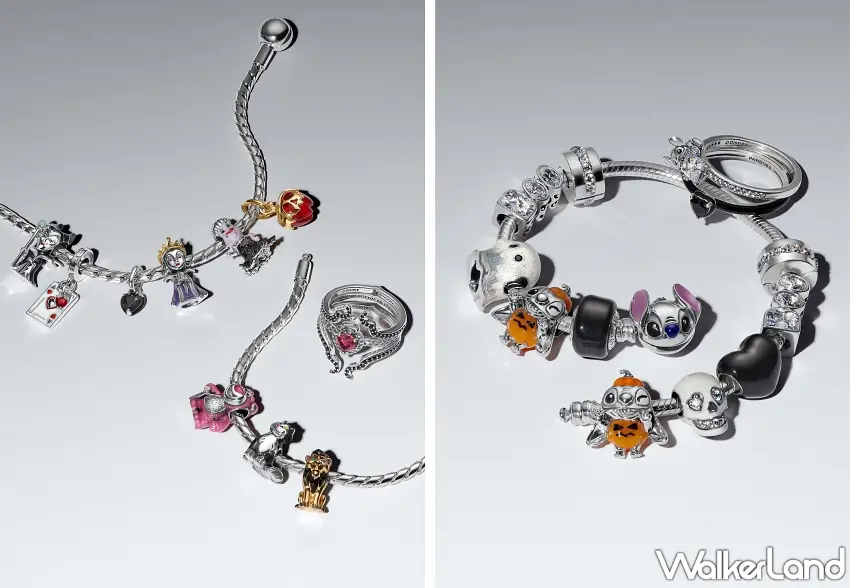 ▲Disney x Pandora秋季系列將經典反派與萬聖節元素融合,展現充滿神秘色彩與奢華質感的手鍊與戒指細節。圖/Pandora提供;窩客島整理