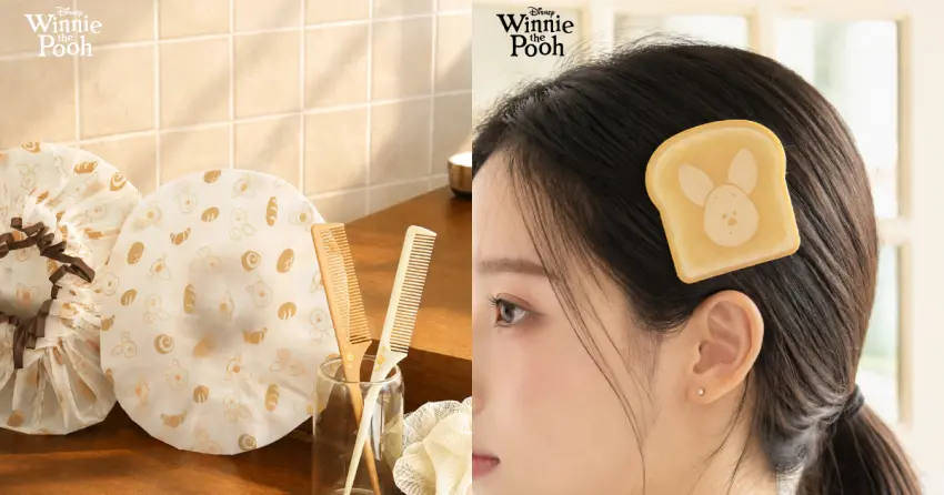 ▲印滿維尼與小豬插畫的防水浴帽，採用防潑水材質能有效阻擋水氣沾濕頭髮。