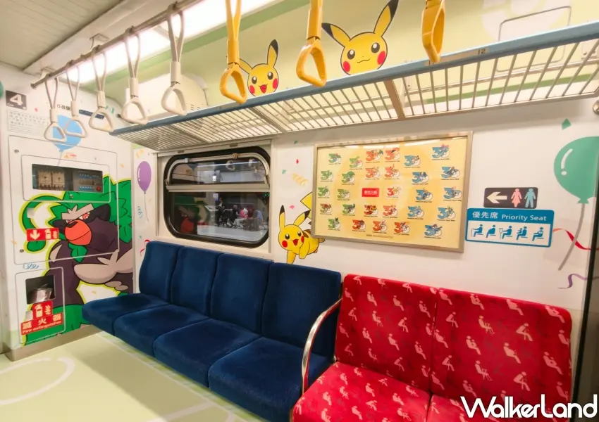 ▲新光三越寶可夢彩繪列車車廂內牆印有經典寶可夢陣容,座椅與吊環設計皆營造童趣繽紛的冒險世界。