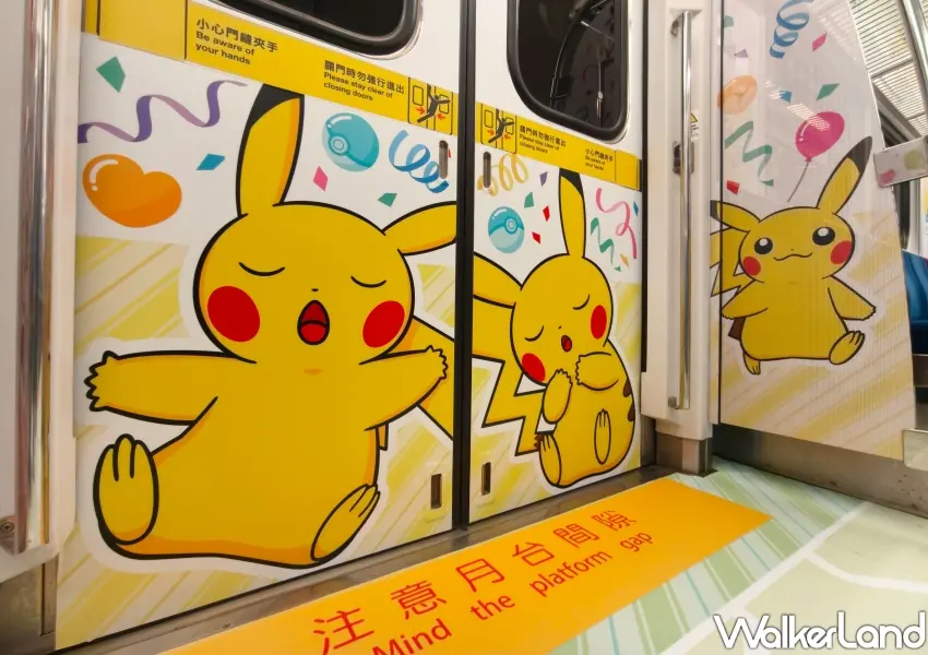 ▲寶可夢30週年主題列車車門貼滿可愛打瞌睡的皮卡丘圖案,每個車廂角落都超好拍。