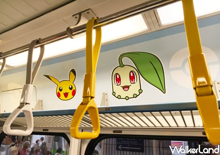 ▲台鐵寶可夢主題列車車廂上方塗滿皮卡丘與菊草葉等各種寶可夢精靈彩繪,記得抬頭看看。(攝影:編輯 鄭雅之)