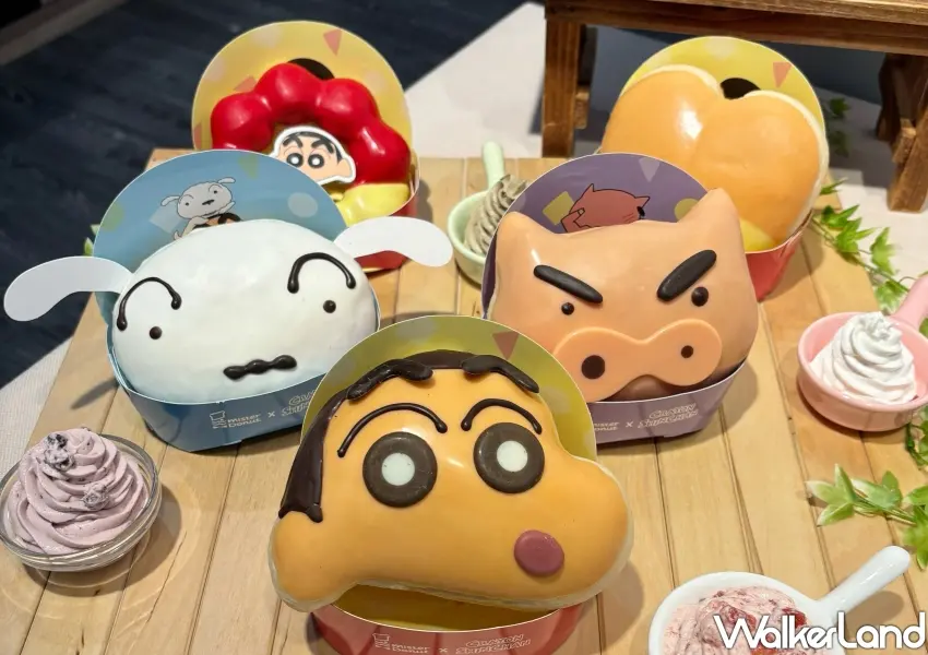 ▲Mister Donut推出五款蠟筆小新限定甜甜圈,包含小新、小白與肥嘟嘟左衛門造型甜甜圈,限時享買五送一優惠。
